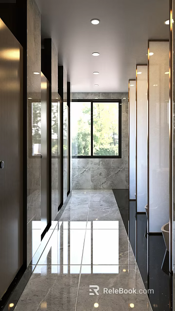 Modern Public Toilet with Glass Doors Windows Marble Walls and Tiled Floor 3d model 