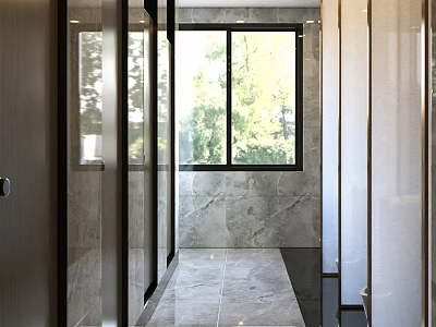 Modern Public Toilet with Glass Doors Windows Marble Walls and Tiled Floor 3d model