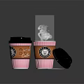 Pink Coffee Cup with Steam Open Lid and Small Cards on Black Surface
