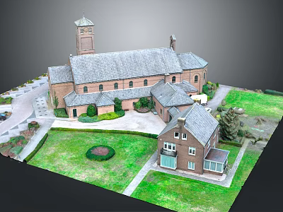 Cartoon Scene of Charming Building with Bell Tower Gray Roof Green Lawn and Small House 3d model