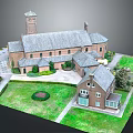 Cartoon Scene of Charming Building with Bell Tower Gray Roof Green Lawn and Small House