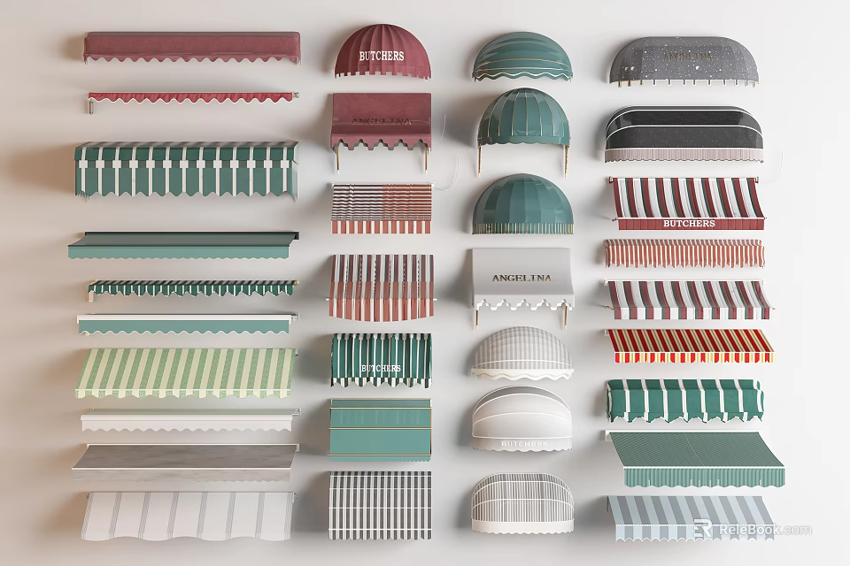 Various Colorful Awnings with Different Styles and Patterns for Storefronts and Windows 3d model 