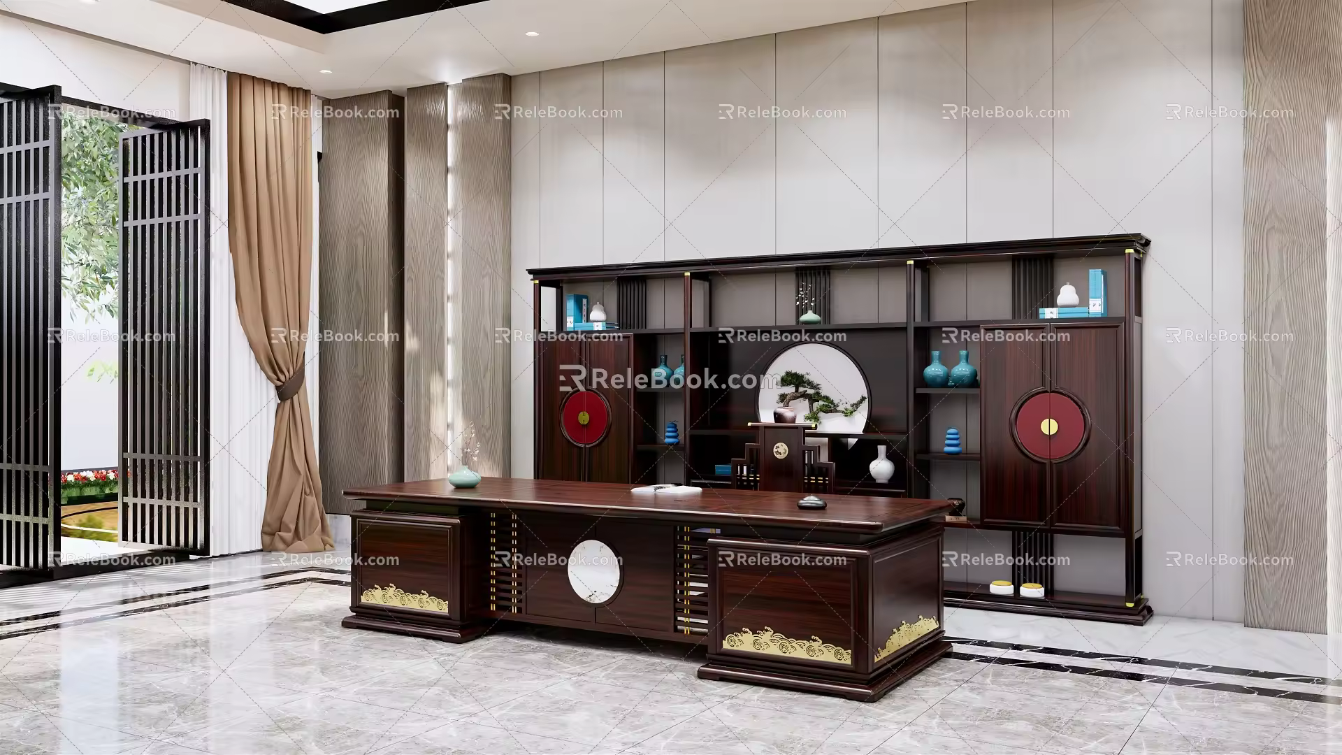 New Chinese-style Desk Bookcase Combination 3d model