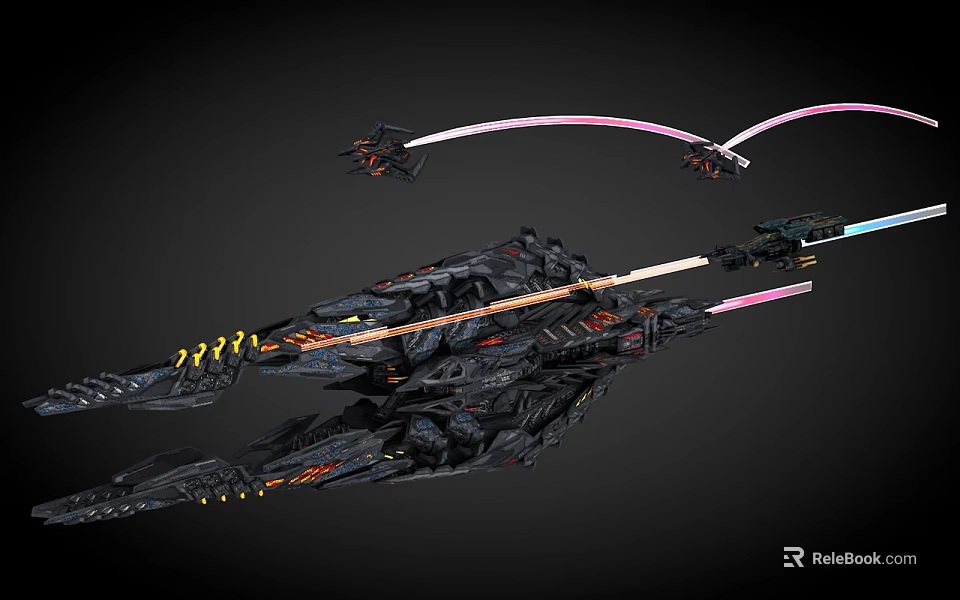 Futuristic Space Battleships With Large Main Vessel And Smaller Crafts Firing Energy Beams 3d model 
