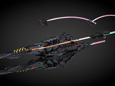 Futuristic Space Battleships With Large Main Vessel And Smaller Crafts Firing Energy Beams 3d model