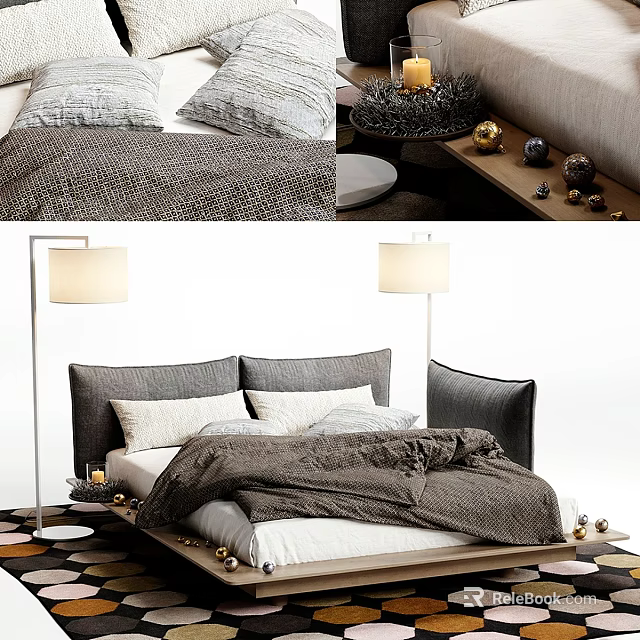 Modern Double Bed With Gray Headboard Pillows Gray Blanket And Floor Lamps 3d model 