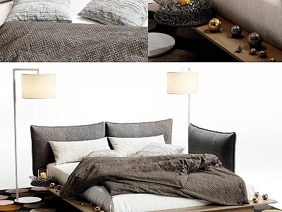 Modern Double Bed With Gray Headboard Pillows Gray Blanket And Floor Lamps 3d model