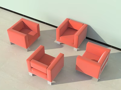 Four Modern Orange Single Sofas Arranged On Light Floor In Living Room 3d model