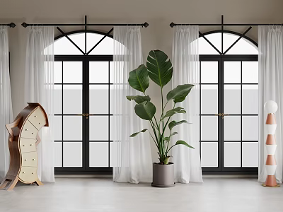 Stylish Home Balcony Design With Arched Windows White Curtains And Large Green Plant 3d model
