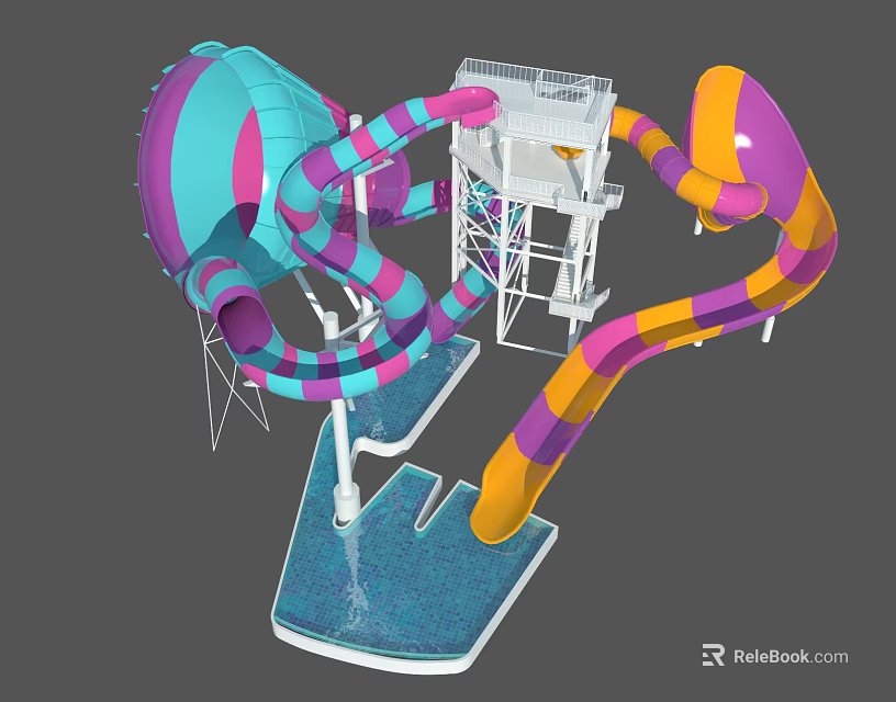 Colorful Water Park Play Equipment With Twisted Slides Slide Tower And Blue Pool Base 3d model 