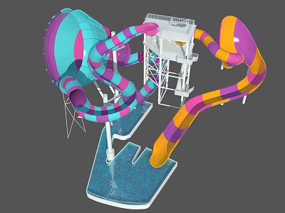 Colorful Water Park Play Equipment With Twisted Slides Slide Tower And Blue Pool Base 3d model