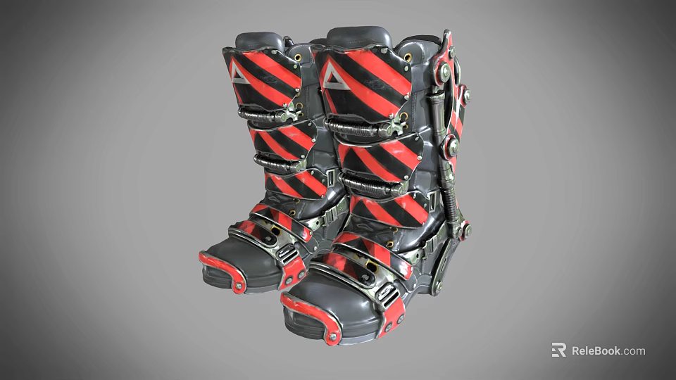 Black and Red Striped Ski Boots with Structured Strap System and Durable Design 3d model
