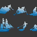 Group of People Rowing in Blue Silhouette with Paddles and Boat