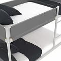 Modern Bunk Bed With White Frame Gray And White Mattress Dark Blue Pillows And Blankets