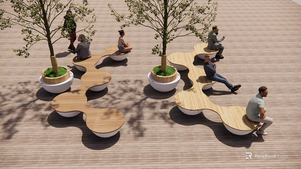 Tree Planter Design With Curved Wooden Seats In Outdoor Public Space 3d model 