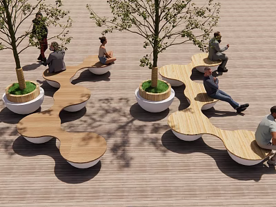 Tree Planter Design With Curved Wooden Seats In Outdoor Public Space 3d model