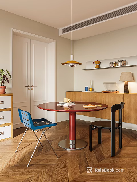 Dining Room With Red Round Table Blue Black Chairs Wooden Cabinets And Yellow Pendant Light 3d model 