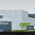 Modern Sales Office Building Exterior Featuring Perforated Facade Large Glass Windows And Green Plants