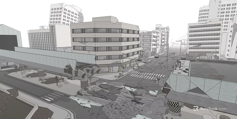 Cartoon City Street Scene With Collapsed Buildings And Broken Pavement 3d model 