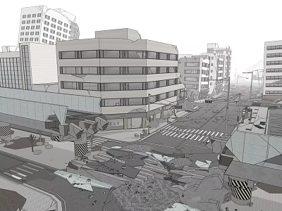 Cartoon City Street Scene With Collapsed Buildings And Broken Pavement 3d model