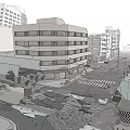 Cartoon City Street Scene With Collapsed Buildings And Broken Pavement
