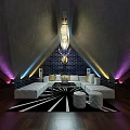 Luxurious Modern KTV Lounge Interior With White Leather Sofas Large TV Screen And Chandelier