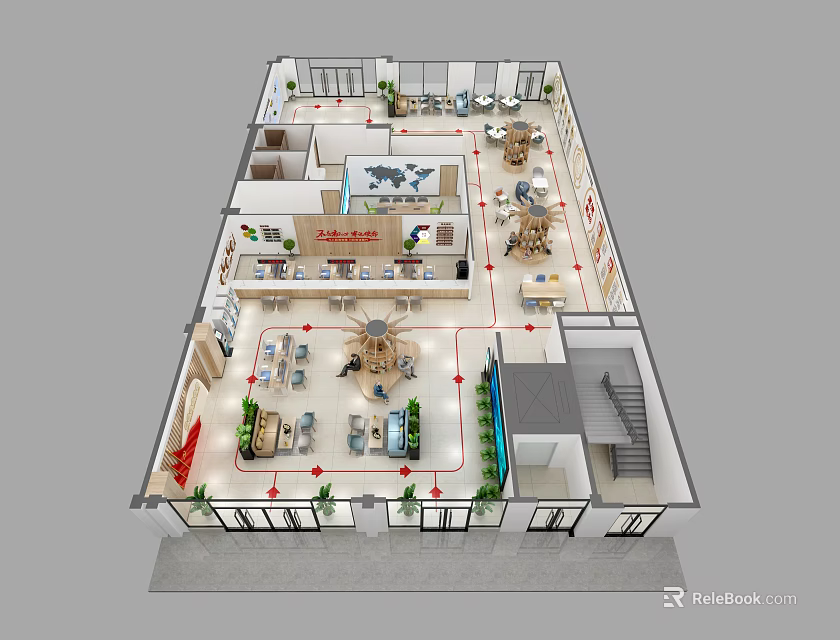 Birds Eye View of Modern Interior Floor Plan with Living Dining Kitchen and Staircase 3d model 