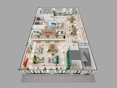 Birds Eye View of Modern Interior Floor Plan with Living Dining Kitchen and Staircase 3d model