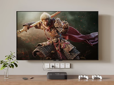 TV Displaying Action Character in Armor with Weapon and Game Controllers on Table 3d model