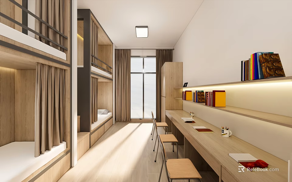 Modern School Dormitory Interior With Bunk Beds Desks Chairs Bookshelves And Sunlight 3d model 