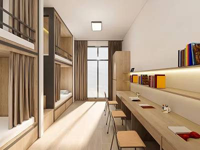 Modern School Dormitory Interior With Bunk Beds Desks Chairs Bookshelves And Sunlight 3d model
