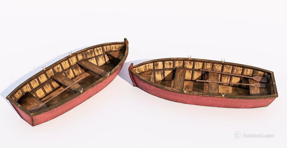 Vintage Wooden Boats With Red Hull And Intricate Wooden Interior Structure 3d model 