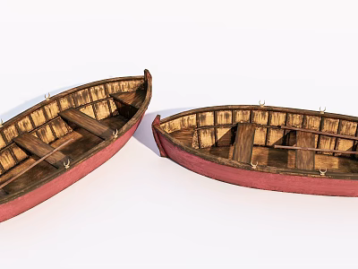 Vintage Wooden Boats With Red Hull And Intricate Wooden Interior Structure 3d model