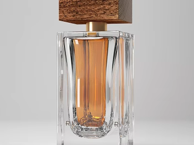 Luxury Perfume With Angular Transparent Glass Bottle Wooden Cap Gold Accents And Amber Liquid 3d model
