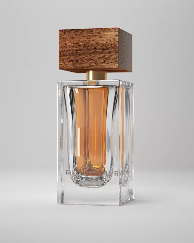 Luxury Perfume With Angular Transparent Glass Bottle Wooden Cap Gold Accents And Amber Liquid 3d model