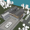 Modern Public Building With White Exterior Wooden Roof Glass Windows Green Lawn And People