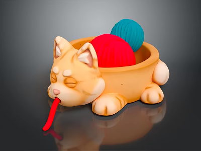 Cute Cat Shaped Container With Red And Blue Yarn Balls For Storage 3d model