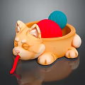 Cute Cat Shaped Container With Red And Blue Yarn Balls For Storage