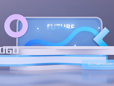 Instagram worthy Future Themed Photo Spot with Blue Background Geometric Shapes Purple Circle and Wavy Lines 3d model