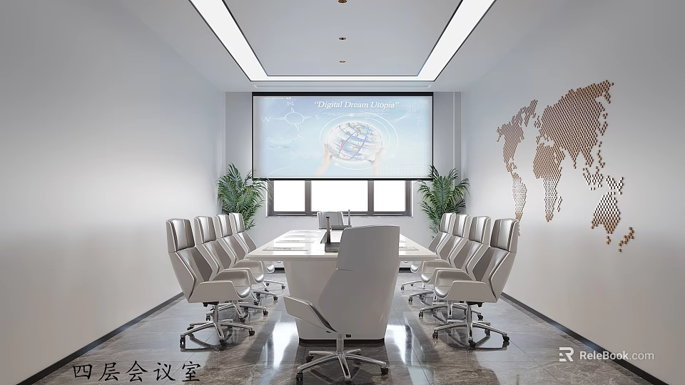 Modern Conference Room Interior With Long Table Projector Screen World Map And White Chairs 3d model 