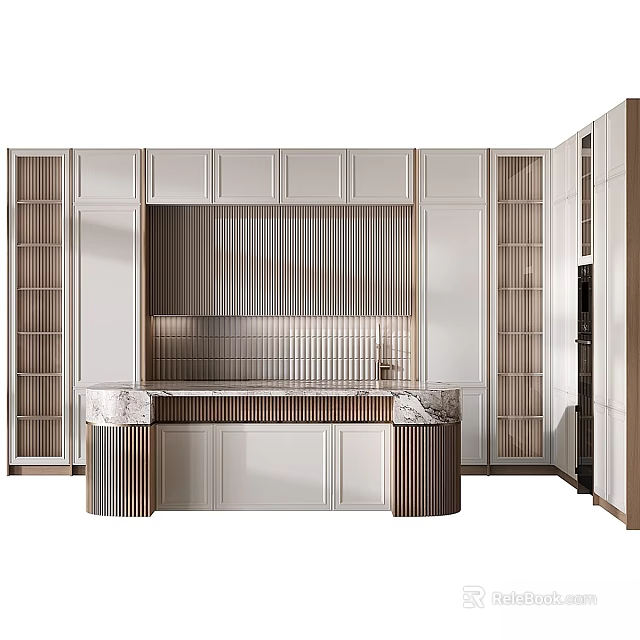 Modern Kitchen Cabinets With White Body Wooden Striped Backsplash And Open Shelves 3d model 