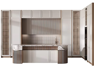 Modern Kitchen Cabinets With White Body Wooden Striped Backsplash And Open Shelves 3d model