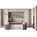 Modern Kitchen Cabinets With White Body Wooden Striped Backsplash And Open Shelves