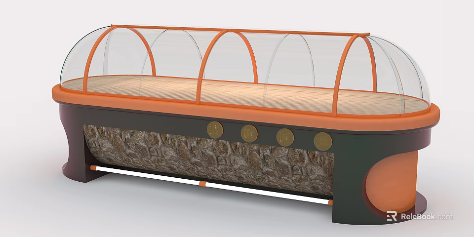 Display Showcase Shelf With Transparent Curved Cover Wooden Countertop And Decorative Textured Base 3d model 