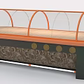 Display Showcase Shelf With Transparent Curved Cover Wooden Countertop And Decorative Textured Base