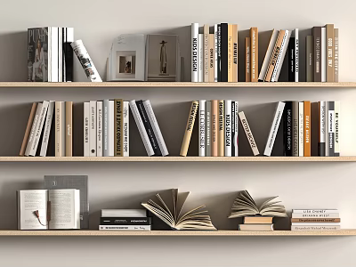 Wooden Bookshelf Display With Standing Stacked And Open Books In Light Background 3d model
