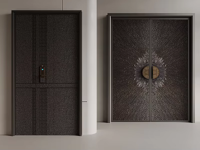 Dark Modern Doors With Electronic Lock And Decorative Sunburst Pattern Design 3d model