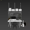 Minimalist Modern Office Desk With Computer Stationery Black Chair Above Shelves And Blackboard