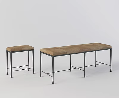 Footstool Bench and Stool Set with Brown Fabric Padded Seat and Black Metal Frame 3d model