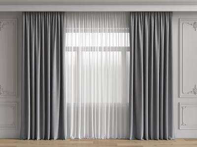 Gray Curtains With White Sheer For Window Decoration On White Wall And Wooden Floor 3d model